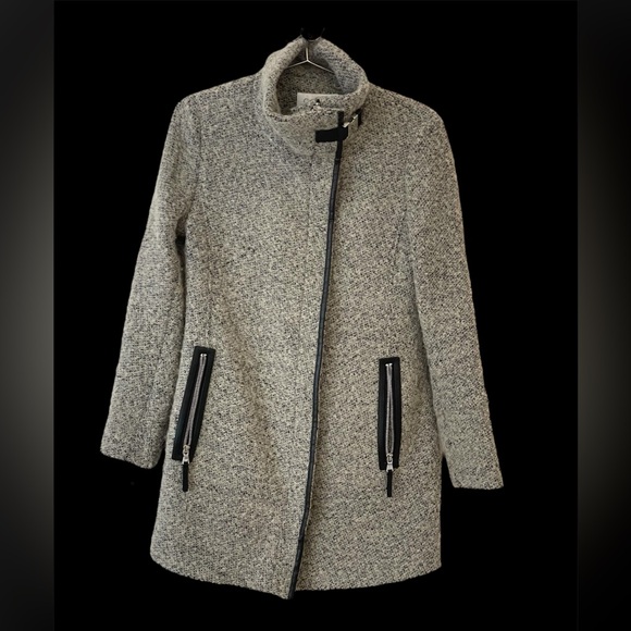 Calvin Klein asymetric zip front leather trimmed nubby wool walking jacket - Picture 1 of 9
